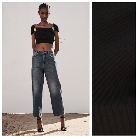 NWT Zara Black Knit Golden Brooch Top. Size L. - Picture 2 of 10